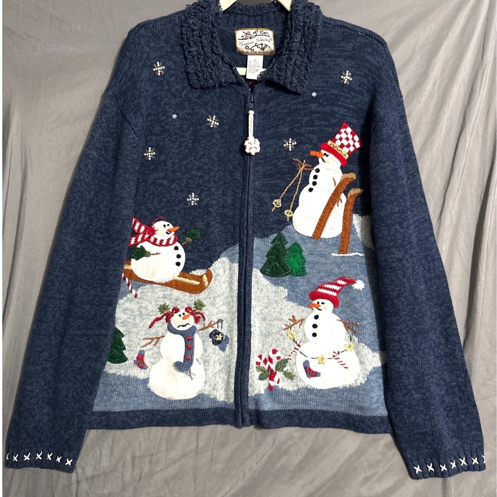 Snowman Cardigan XL Blue Kitschy Embroidered Sweater Grandmacore Cottage Cabin